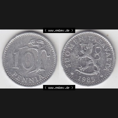 Münzen Finnland Umlaufmünze 1983-1990, 10 Penniä 1985. Vorderseite und Rückseite horizontal auf einen digitalen Bild der alten finnischen Umlaufmünze aus Finnland... Sammlung