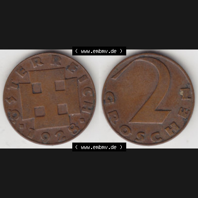Münzen Österreich Umlaufmünze 1925-1938, 2 Groschen 1928, Münze aus Österreich mit Münzseiten Horizontal / Nebeneinander auf einen Bild für Mobile-Geräte... Sammlung