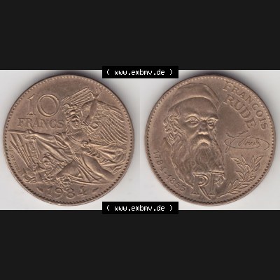 Münze Frankreich 1984-1984, 10 Francs Francois Rude. Vorderseite und Rückseite horizontal auf einen digitalen Bild der alten französischen Umlaufmünze aus Frankreich in... Sammlung