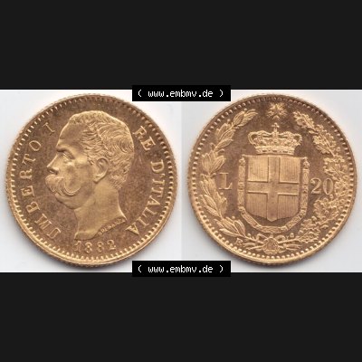 Münzen Italien Goldmünze 1880-1897, 20 Lire Umberto I. Goldmünze 1882. Vorderseite und Rückseite horizontal auf einen digitalen Bild der alten italienischen Münze... Sammlung