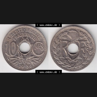 Münze Frankreich 1917-1938, 10 Centimes, Cent 1936. Vorderseite und Rückseite horizontal auf einen digitalen Bild der alten französischen Umlaufmünze 10 Cmes - Centimes... Sammlung