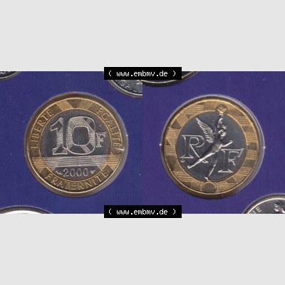 Münze Frankreich 2000, 10 Francs. Vorderseite und Rückseite horizontal auf einen digitalen Bild der alten französischen Umlaufmünze aus Frankreich in der Francs-Währung... Sammlung