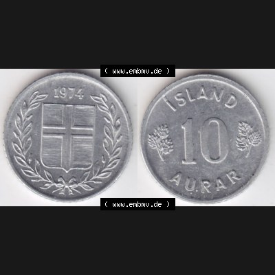 Münzen Island Umlaufmünze 1970-1974, 10 Aurar 1974. Vorderseite und Rückseite horizontal auf einen digitalen Bild der alten Isländischen Umlaufmünze aus Island in... Sammlung