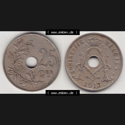 Münzen Belgien Umlaufmünze 1910-1929, 25 Cen, 1913 Centimes Koninkrijk Belgie. Vorderseite und Rückseite horizontal auf einen digitalen Bild der alten belgischen Francs... Sammlung