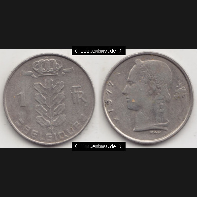 Münzen Belgien Umlaufmünze 1950-1988, 1 Francs-Franken 1977 Belgique. Vorderseite und Rückseite horizontal auf einen digitalen Bild der alten belgischen Francs Umlaufmünze... Sammlung