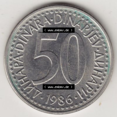 Münzen Jugoslawien Umlaufmünze 1985-1988, 50 Dinar 1986, Bild mit Rückseite der Münze als Bildmaterial Sammlung