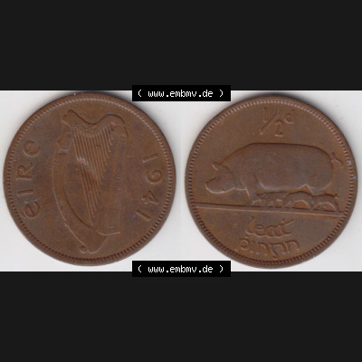 Münzen Irland Umlaufmünze 1939-1967, 0.50 Penny, Half Penny 1941. Vorderseite und Rückseite horizontal auf einen digitalen Bild der alten irischen Umlaufmünze... Sammlung