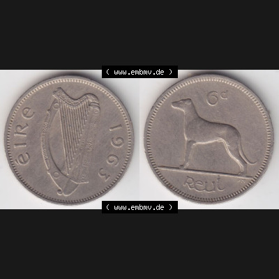 Münzen Irland Umlaufmünze 1942-1969, 6 Pence 1963. Vorderseite und Rückseite horizontal auf einen digitalen Bild der alten irischen Umlaufmünze aus Irland in Irische Pfund-Währung... Sammlung