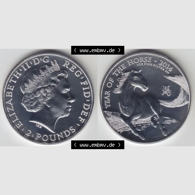 Münzen Großbritannien Silbermünze 2014-2014, 2 Pfund - Pounds Lunar Pferd Silber-Münze. Vorderseite und Rückseite horizontal auf einen digitalen Bild der alten britischen... Sammlung