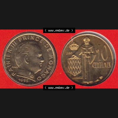 Münzen Monaco Umlaufmünze 1962-1995, 10 Centimes 1995 (3) Sammlung