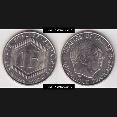 Münze Frankreich 1988-1988, 1 Francs, Franken 1988. Vorderseite und Rückseite horizontal auf einen digitalen Bild der alten französischen Umlaufmünze aus Frankreich... Sammlung