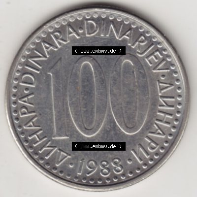 Münzen Jugoslawien Umlaufmünze 1985-1988, 100 Dinar 1988, Bild mit Rückseite der Münze als Bildmaterial Sammlung