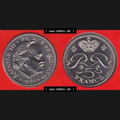 Münzen Monaco Umlaufmünze 1971-1995, 5 Francs 1995 (3) Sammlung