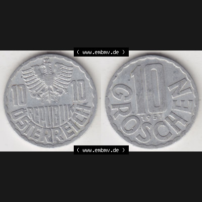 Münzen Österreich Umlaufmünze 1951-2001, 10 Groschen 1957, Münze aus Österreich mit Münzseiten Horizontal / Nebeneinander auf einen Bild für Mobile-Geräte... Sammlung