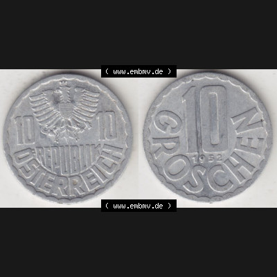 Münzen Österreich Umlaufmünze 1951-2001, 10 Groschen 1952 I., Münze aus Österreich mit Münzseiten Horizontal / Nebeneinander auf einen Bild für... Sammlung