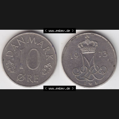 Münzen Dänemark Umlaufmünze 1973, 10 Öre. Vorderseite und Rückseite horizontal auf einen digitalen Bild der alten dänischen Umlaufmünze aus Dänemark... Sammlung
