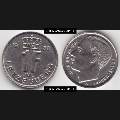 Münzen Luxemburg Umlaufmünze 1988-1995, 1 Franken - Francs 1988, Bild mit Vollansicht Sammlung