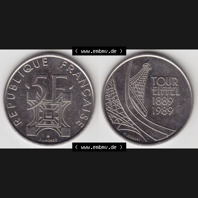 Münze Frankreich 1989-1989, 5 Francs Franken Eiffelturm. Vorderseite und Rückseite horizontal auf einen digitalen Bild der alten französischen Umlaufmünze aus Frankreich... Sammlung