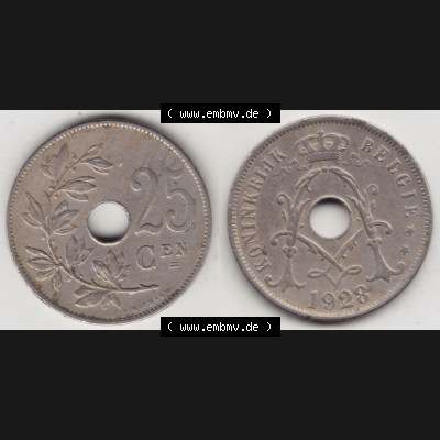 Münzen Belgien Umlaufmünze 1910-1929, 25 Cen, 1928 Centimes Koninkrijk Belgie. Vorderseite und Rückseite horizontal auf einen digitalen Bild der alten belgischen Francs... Sammlung
