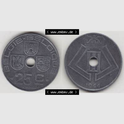 Münzen Belgien Umlaufmünze 1942-1946, 25 Centimes 1944 Belgie - Belgique. Vorderseite und Rückseite horizontal auf einen digitalen Bild der alten belgischen Francs Umlaufmünze... Sammlung