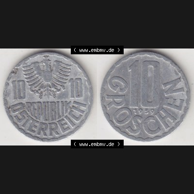Münzen Österreich Umlaufmünze 1951-2001, 10 Groschen 1959, Münze aus Österreich mit Münzseiten Horizontal / Nebeneinander auf einen Bild für Mobile-Geräte... Sammlung