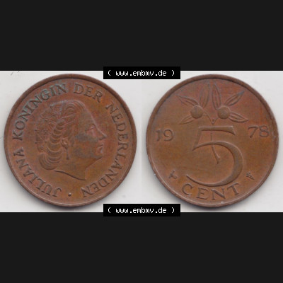 Münzen Niederlande Umlaufmünze 1950-1980, 5 Cent 1978, Bild mit horizontaler Vollansicht als Bildmaterial Sammlung
