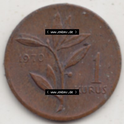 Münzen Türkei Umlaufmünze 1963-1974, 1 Kurus 1970. Rückseite der Münze der Türkei als Bildmaterial für Sammler und Münzen-Webseiten hier im online Katalog... Sammlung