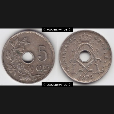 Münzen Belgien Umlaufmünze 1910-1931, 5 Cen, Centimes Koninkrijk Belgie. Vorderseite und Rückseite horizontal auf einen digitalen Bild der alten belgischen Francs Umlaufmünze... Sammlung