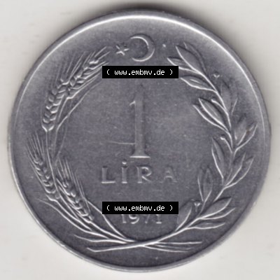 Münzen Türkei Umlaufmünze 1967-1980, 1 Lira 1971. Rückseite der Münze der Türkei als Bildmaterial für Sammler und Münzen-Webseiten hier im online Katalog... Sammlung