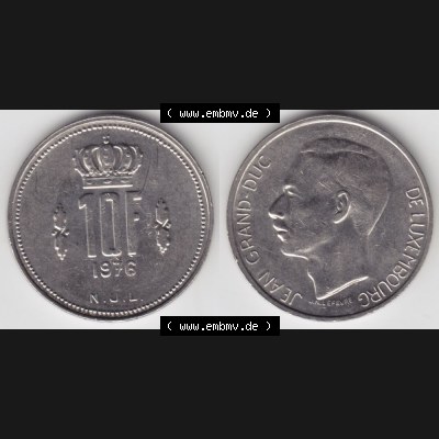 Münzen Luxemburg Umlaufmünze 1971-1980, 10 F, Francs, Franken 1976, Bild mit Vollansicht Sammlung