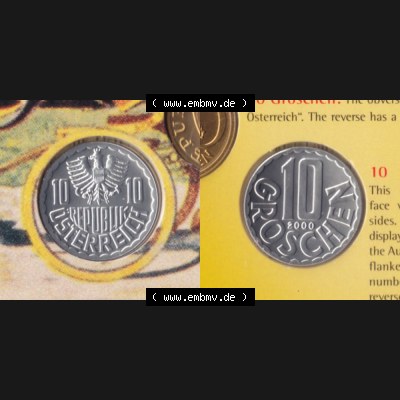 Münzen Österreich Umlaufmünze 1951-2001, 10 Groschen 2000, Münze aus Österreich mit Münzseiten Horizontal / Nebeneinander auf einen Bild für Mobile-Geräte... Sammlung