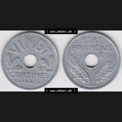 Münze Frankreich 1941-1941, VINGT 20 Centimes, Cent. Vorderseite und Rückseite horizontal auf einen digitalen Bild der alten französischen Umlaufmünze aus Frankreich... Sammlung