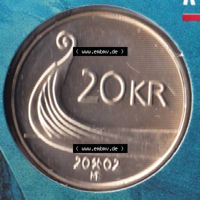 Münzen Norwegen Umlaufmünze 1994-2009, 20 KR, Kronen 2002, Bild mit Rückseite der norwegischen Münze als Bildmaterial, des Bildes zur deiner Nutzung Sammlung