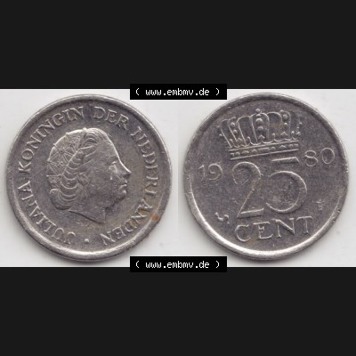 Münzen Niederlande Umlaufmünze 1950-1980, 25 Cent 1980, Bild mit horizontaler Vollansicht als Bildmaterial Sammlung