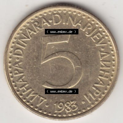 Münzen Jugoslawien Umlaufmünze 1982-1986, 5 Dinar 1983, Bild mit Rückseite der Münze als Bildmaterial Sammlung