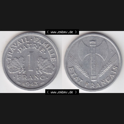 Münze Frankreich 1942-1944, 1 Franc, Franken 1943. Vorderseite und Rückseite horizontal auf einen digitalen Bild der alten französischen Umlaufmünze aus Frankreich... Sammlung