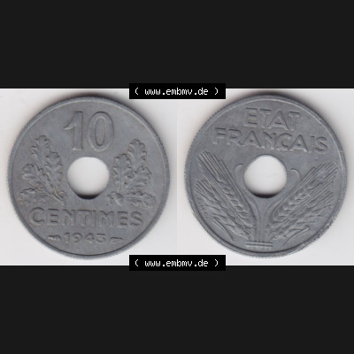 Münze Frankreich 1941-1943, 10 Centimes, Etat Francais 1943. Vorderseite und Rückseite horizontal auf einen digitalen Bild der alten französischen Umlaufmünze 10... Sammlung