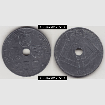 Münzen Belgien Umlaufmünze 1942-1946, 25 Centimes 1943 Belgie - Belgique. Vorderseite und Rückseite horizontal auf einen digitalen Bild der alten belgischen Francs Umlaufmünze... Sammlung