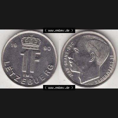 Münzen Luxemburg Umlaufmünze 1988-1995, 1 Franken - Francs 1990, Bild mit Vollansicht Sammlung