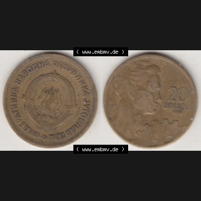 Münzen Jugoslawien Umlaufmünze 1955-1955, 20 Dinar, 1955, Bild mit Vollansicht zum Download Sammlung