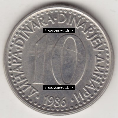 Münzen Jugoslawien Umlaufmünze 1982-1988, 10 Dinar 1986, Bild mit Rückseite der Münze als Bildmaterial Sammlung