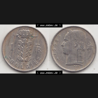 Münzen Belgien Umlaufmünze 1950-1988, 1 Francs-Franken 1968 Belgie. Vorderseite und Rückseite horizontal auf einen digitalen Bild der alten belgischen Francs Umlaufmünze... Sammlung