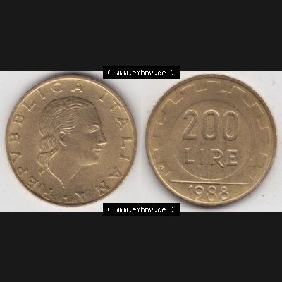 Münzen Italien Umlaufmünze 1977-2001, 200 Lire, Zahnrad 1988. Vorderseite und Rückseite horizontal auf einen digitalen Bild der alten italienischen Münze aus Italien... Sammlung