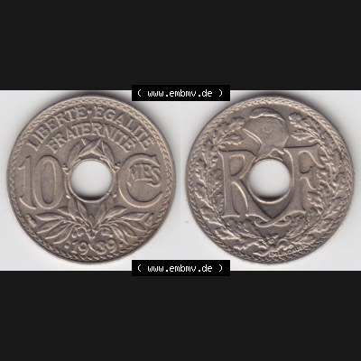 Münze Frankreich 1938-1939, 10 Centimes, Cent 1939. Vorderseite und Rückseite horizontal auf einen digitalen Bild der alten französischen Umlaufmünze 10 Cmes - Centimes... Sammlung