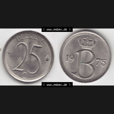 Münzen Belgien Umlaufmünze 1964-1975, 25 Centimes 1975 Belgique. Vorderseite und Rückseite horizontal auf einen digitalen Bild der alten belgischen Francs Umlaufmünze aus... Sammlung