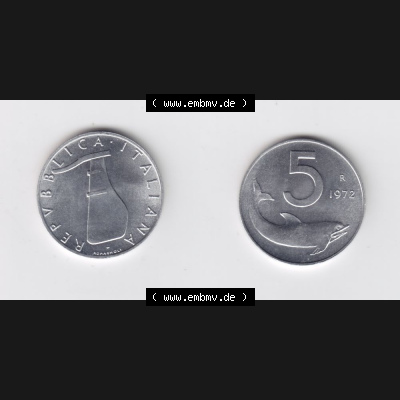 Münzen Italien Umlaufmünze 1951-2001, 5 Lira-Lire Schiffs-Ruder 1972. Vorderseite und Rückseite horizontal auf einen digitalen Bild der alten italienischen Münze aus Italien... Sammlung