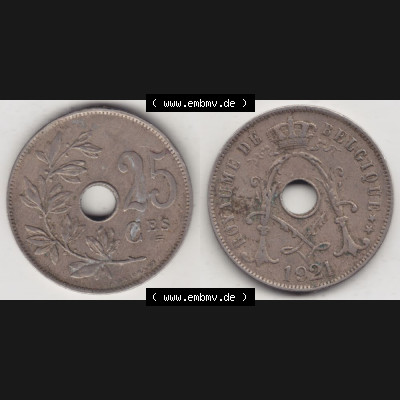 Münzen Belgien Umlaufmünze 1913-1929, 25 Ces, 1921 Centimes Belgique. Vorderseite und Rückseite horizontal auf einen digitalen Bild der alten belgischen Francs Umlaufmünze... Sammlung