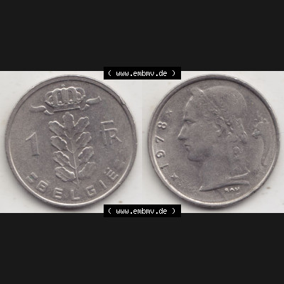 Münzen Belgien Umlaufmünze 1950-1988, 1 Francs-Franken 1978 Belgie. Vorderseite und Rückseite horizontal auf einen digitalen Bild der alten belgischen Francs Umlaufmünze... Sammlung