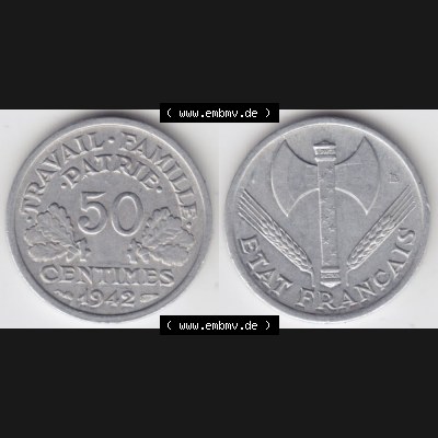 Münze Frankreich 1942-1944, 50 Centimes, Cent 1942. Vorderseite und Rückseite horizontal auf einen digitalen Bild der alten französischen Umlaufmünze aus Frankreich... Sammlung