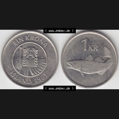 Münzen Island Umlaufmünze 1981-1987, 1 KR, Krone 1981. Vorderseite und Rückseite horizontal auf einen digitalen Bild der alten Isländischen Umlaufmünze aus Island... Sammlung